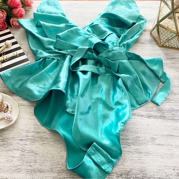 Vintage Victoria's Secret teal satin ruffle cinched waist bodysuit size medium - Picture 12 of 16